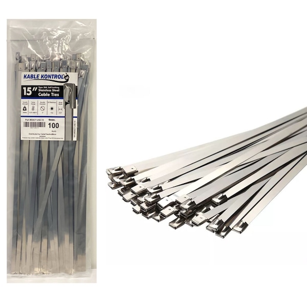 Kable Kontrol Cable Tie, 15 in L, 4.01 in Max Bundle Dia., Silver, 304 Stainless Steel, 350 lb Strength, 100 PK SSCT-250-15 - main
